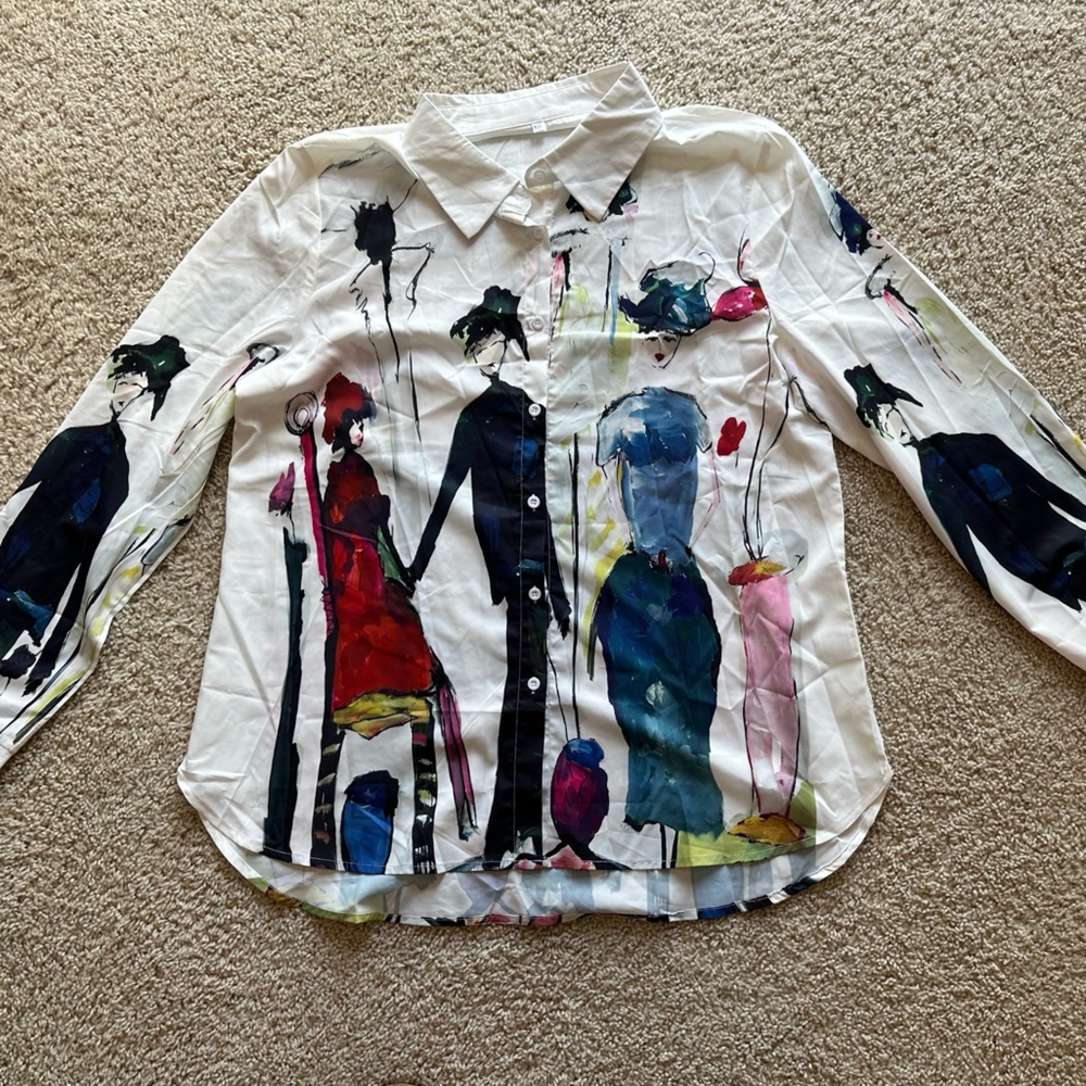 NWOT Artistic Print Button-Up Shirt long sleeve blouse XL Shein multicolor white - Picture 4 of 16